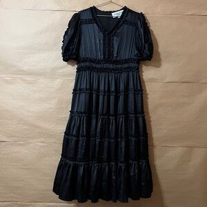 JessaKae x The Food Nanny Liz Dress Satin Ruffle Tiered Midi Dress Black Size XL